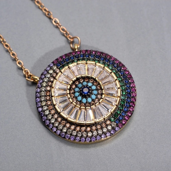 Jewelry - Baguette rainbow CZ evil eye gold necklace